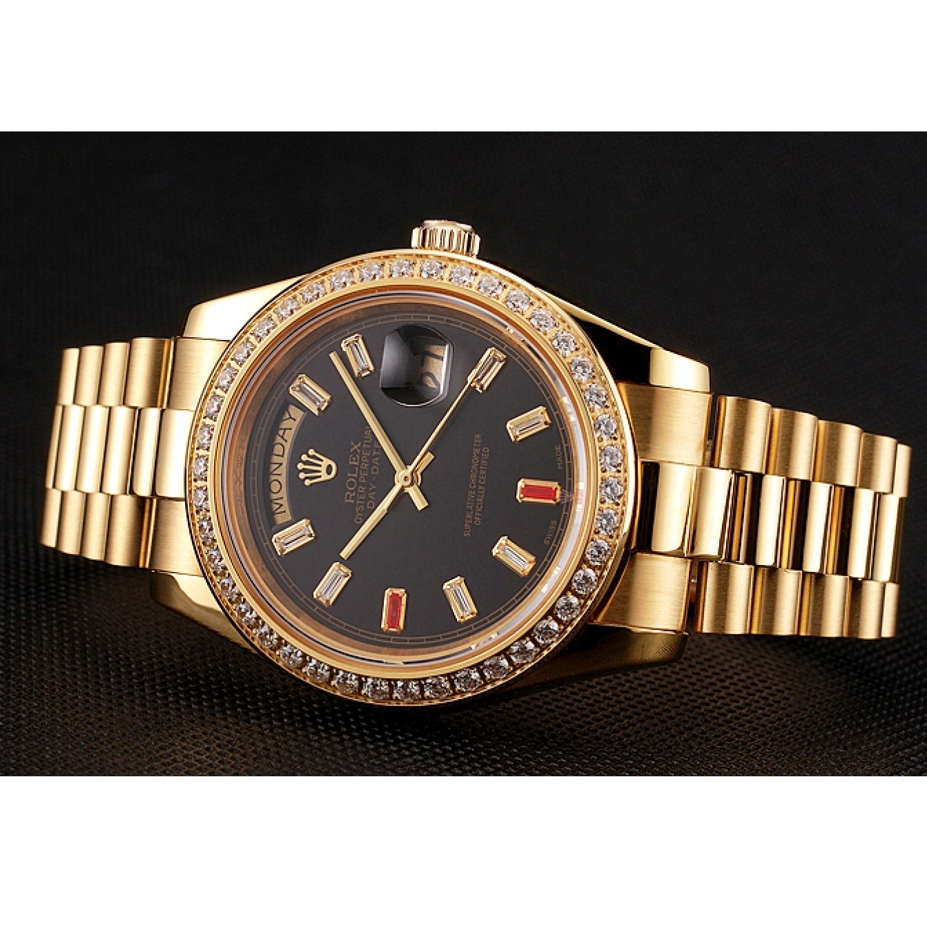 Good Copy Rolex Watches 1454101 Black Swiss Rolex Gold Diamonds Dial And Bracelet Rubies Day-Date 0803